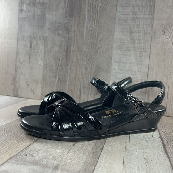 SAS Women's 8 Slim Strippy Strap Wedge Sandal Strappy Leather Arch Support Black - Picture 1 of 11
